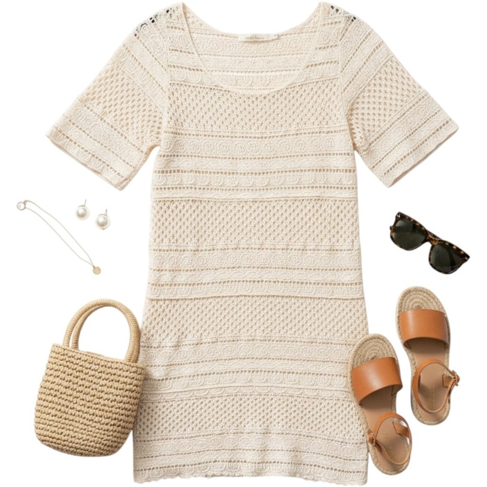 Solitaire Cream Crochet Knit Short Sleeve Mini Dress Size Small Boho Coverup